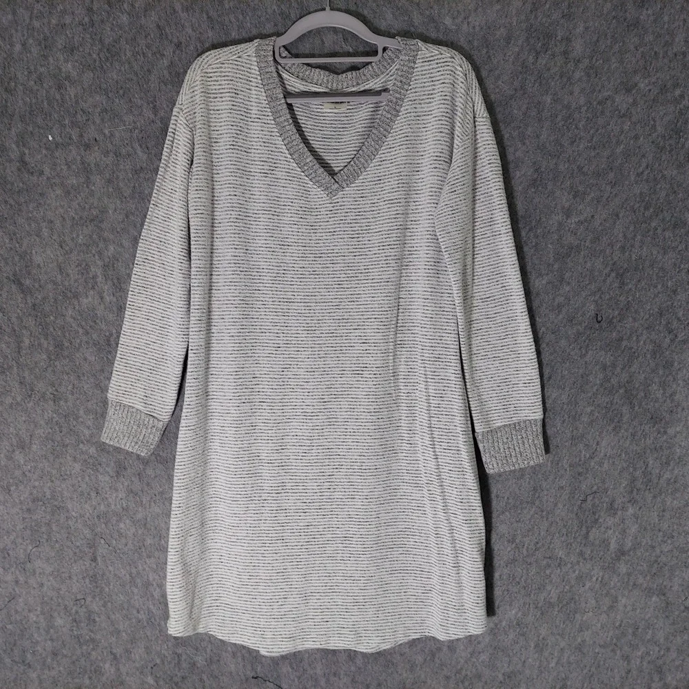 Soma Sleep Shirt Dress L Gray Striped Loungewear V Neck Long Sleeve Stretch Soft